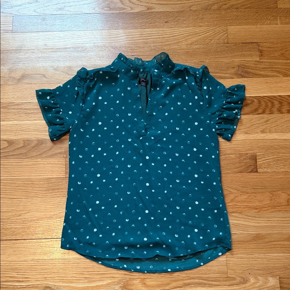 J. Crew Teal Dot Ruffle Sleeve‎ Blouse size XXS